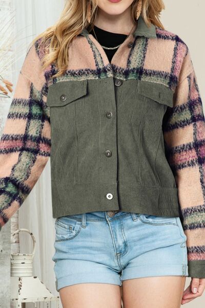 Plaid Corduroy Flap Pockets Button Up Jacket Trendy Outerwear With Classic Flap Pockets For Casual Comfort by Stevvex