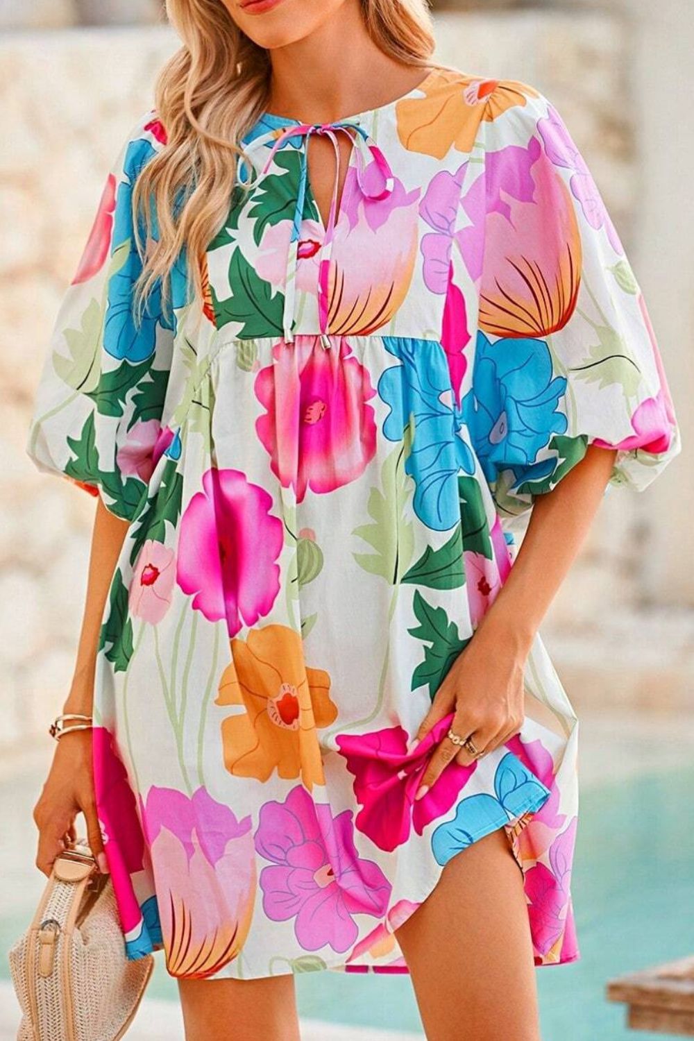 Modern Floral Print Tie Neck Dress Elegant & Timeless Colorful Dress by Stevvex
