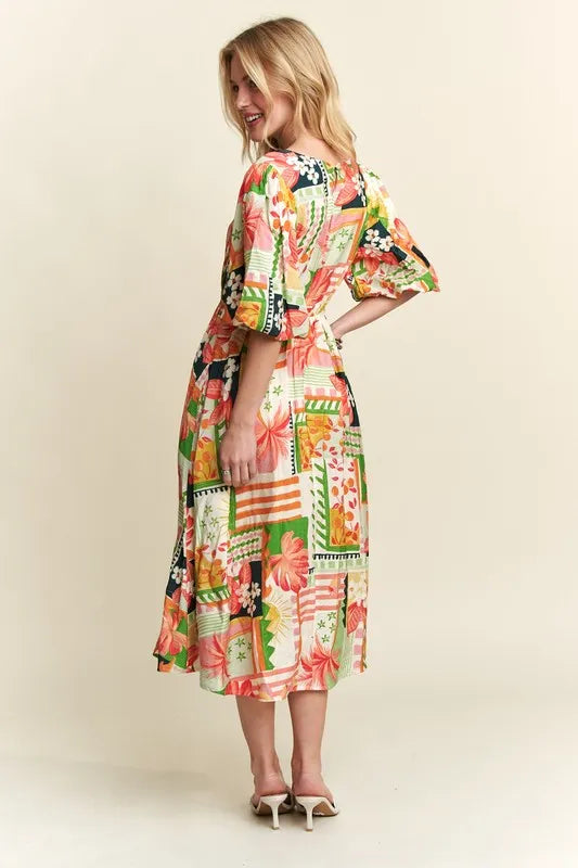 New Summer Floral V-Neck Puff Sleeve Midi Dress For Women – Feminine, Charming, Elegant, Eye-Catching, Perfect for Any Occasion
