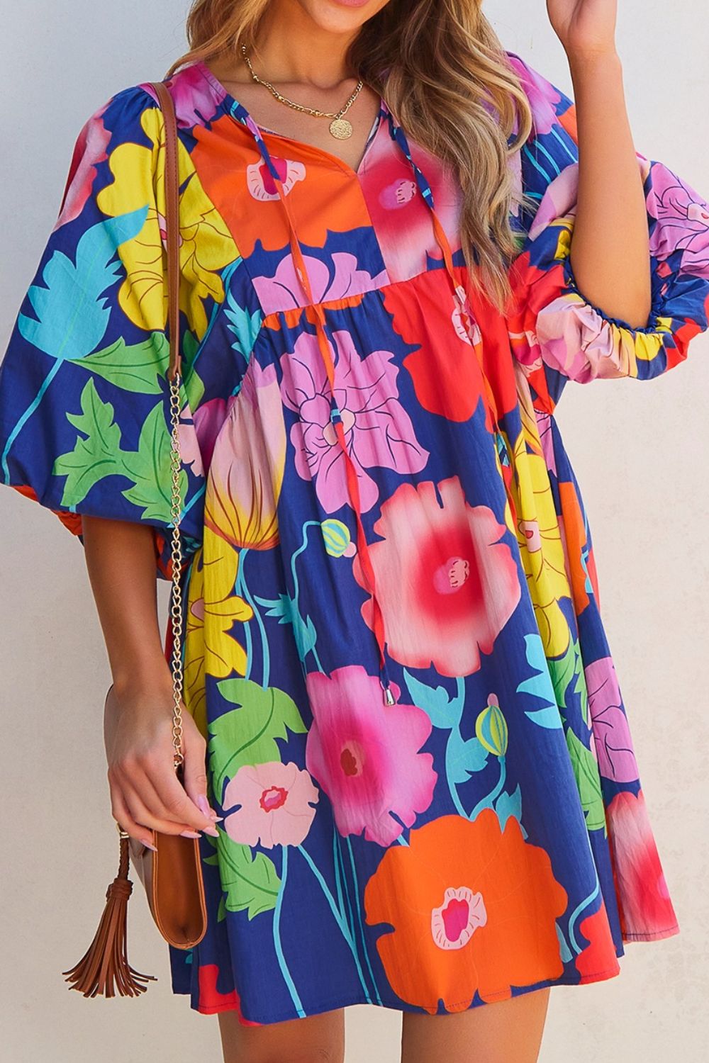 Modern Floral Print Tie Neck Dress Elegant & Timeless Colorful Dress by Stevvex