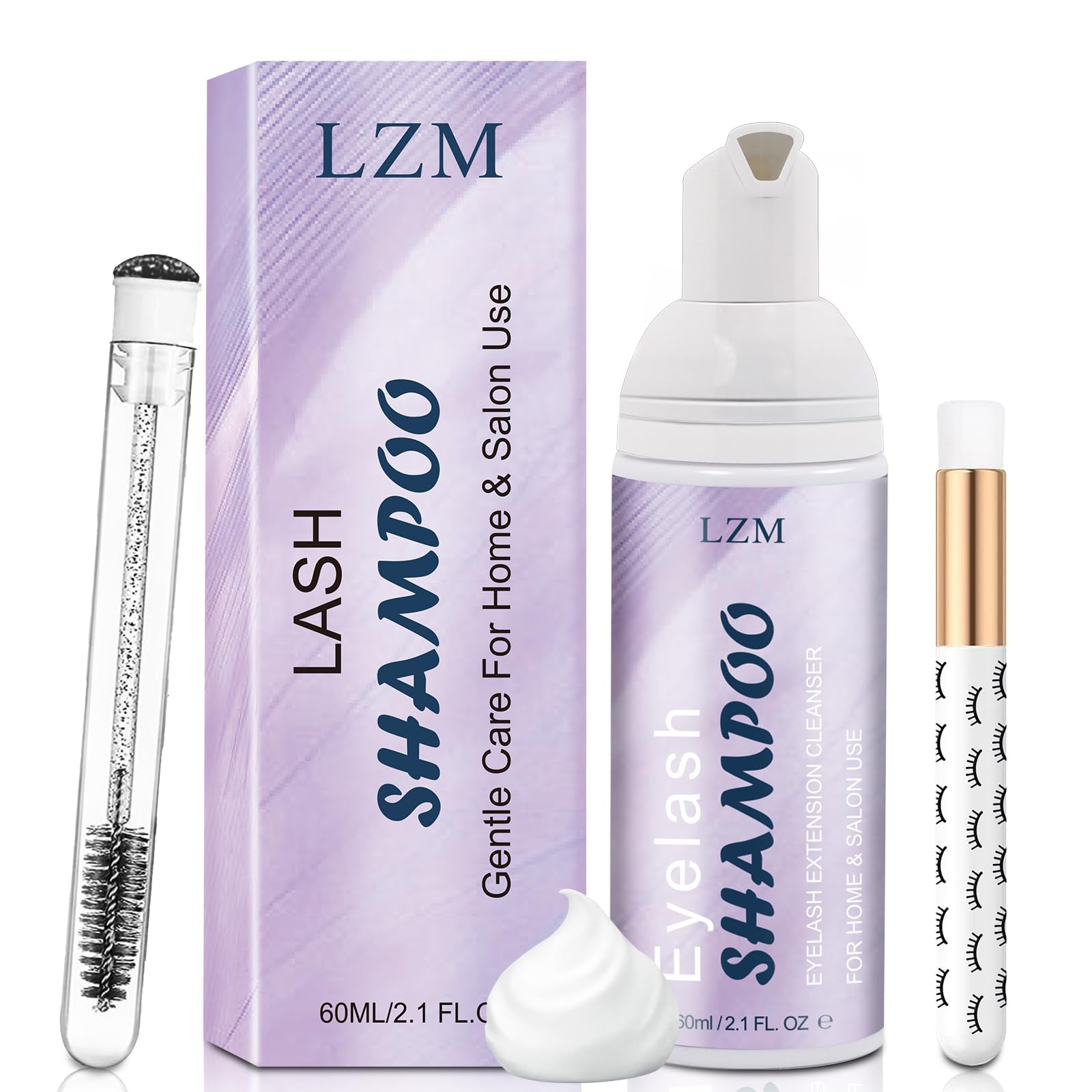 LZM Lash Shampoo Lash Cleaner - Lash Wash Cleaning kit for Cluster Lash/Eyelash Extensions Lash Bath Lash Cleanser Foam Lash Soap Lash Care Oil Free 60ml(3-IN-1 SHAMPOO KIT) - Lifestyle Haven