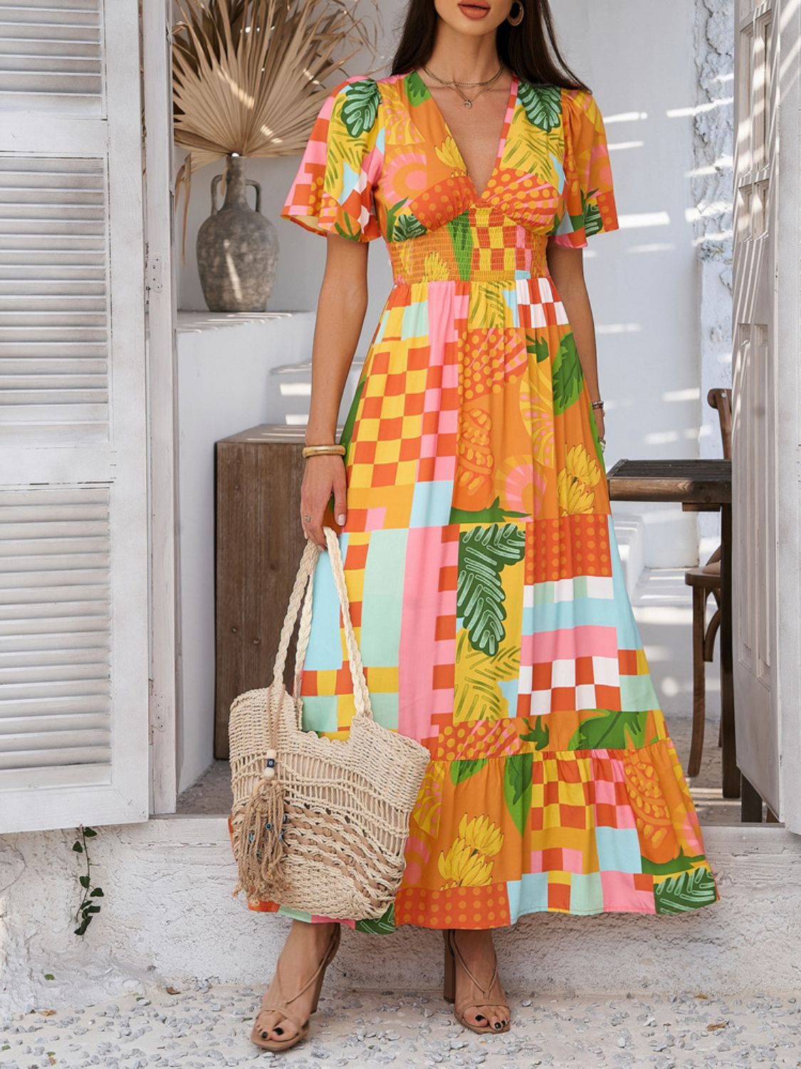 Elegant Printed V-Neck Short Sleeve Maxi Dress Beautiful Casual Women Long Dress by Stevvex