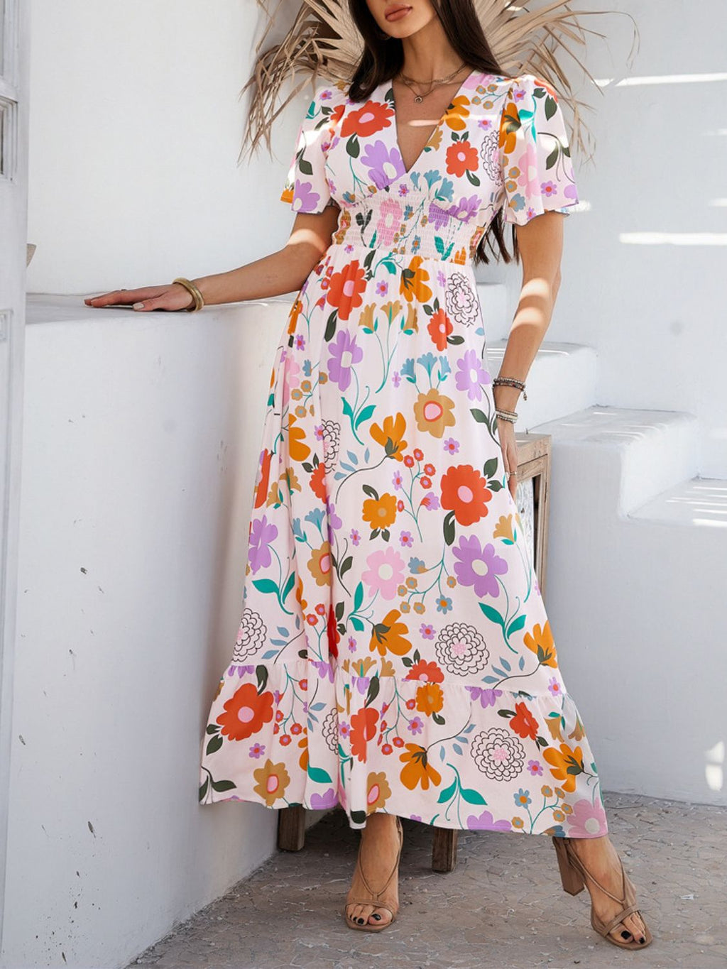 Elegant Printed V-Neck Short Sleeve Maxi Dress Beautiful Casual Women Long Dress