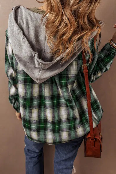 Dark Green Drawstring Pocketed Plaid Hooded Jacket Cozy & Trendy Checkered Outerwear For All Seasons by Stevvex