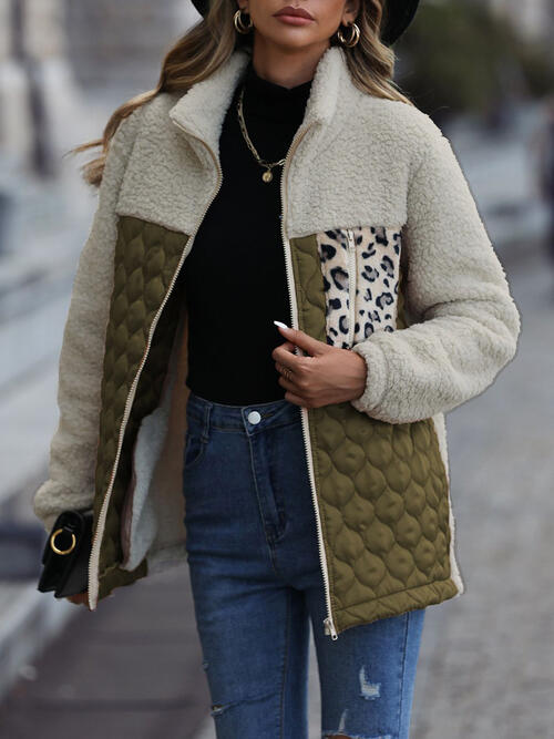 Unique Autumn Leopard Color Block Zip-Up Jacket Trendy Lightweight Jacket with Pockets Charming Winter Jacket by Stevvex