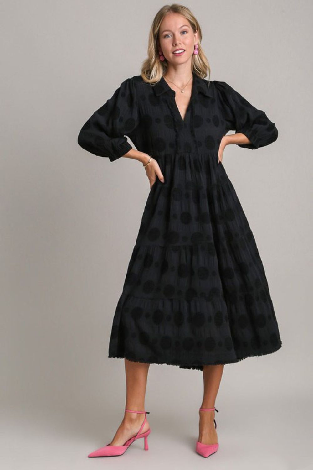 Black Full Size Solid Dotted Midi Dress Elegant Plus Size Fashion Women Dress by Stevvex