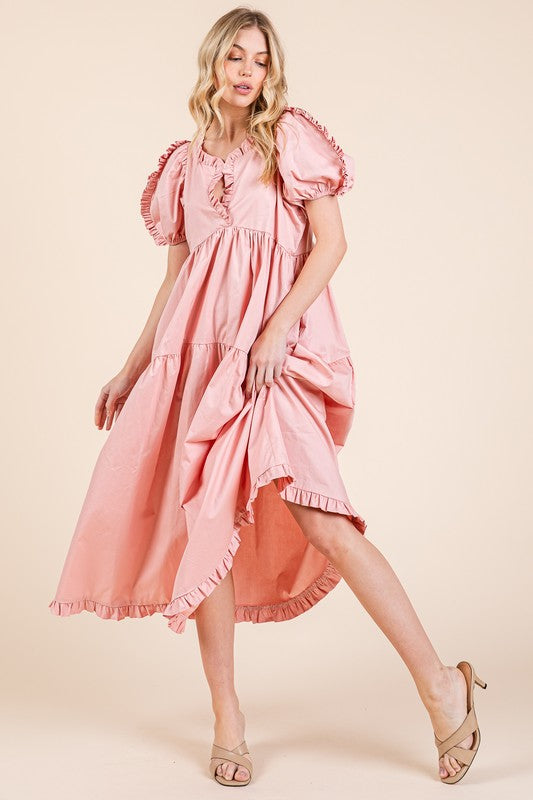 Ruffle Trim Puff Sleeve Tiered Babydoll Midi Dress – Fluttering, Sweet, Elegant, Feminine, and Trendy Babydoll Midi Dress with Ruffle Trim and Puff Sleeves by Stevvex