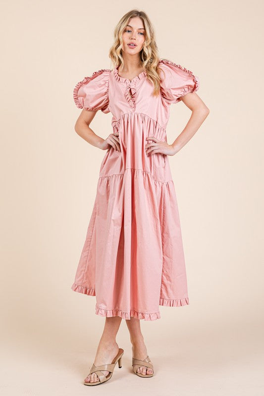 Ruffle Trim Puff Sleeve Tiered Babydoll Midi Dress – Fluttering, Sweet, Elegant, Feminine, and Trendy Babydoll Midi Dress with Ruffle Trim and Puff Sleeves by Stevvex