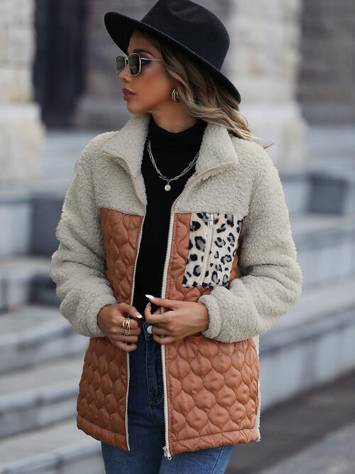 Unique Autumn Leopard Color Block Zip-Up Jacket Trendy Lightweight Jacket with Pockets Charming Winter Jacket by Stevvex