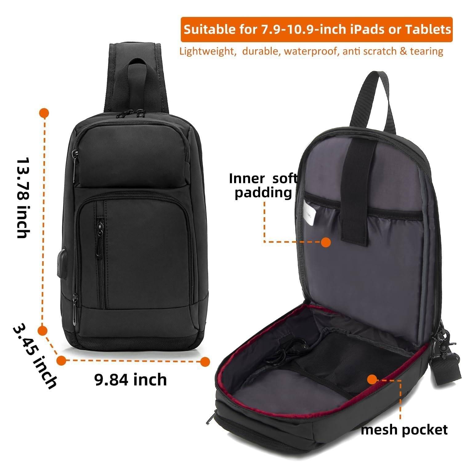 Sling Bag for Men Black Crossbody Bag with USB Charging Port Fits 10.2 inch iPad - Lifestyle Haven
