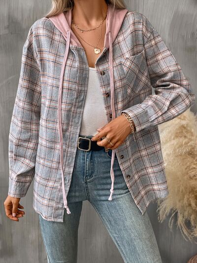 Plaid Buttoned Long Sleeve Hooded Jacket for Women – Cozy & Stylish Cotton-Blend Outerwear by Stevvex