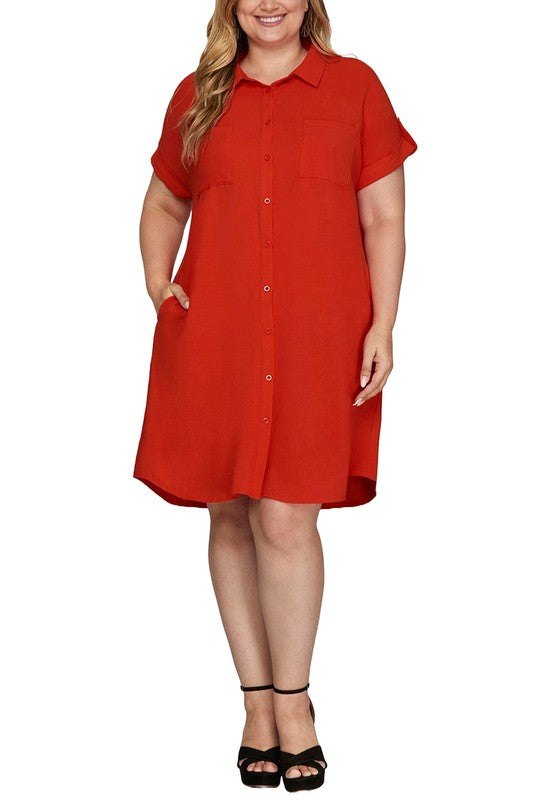 Deep Red Full Size Button-Down Short Sleeve Shirt Dress Plus Size Casual Women Simple Home Dress by Stevvex