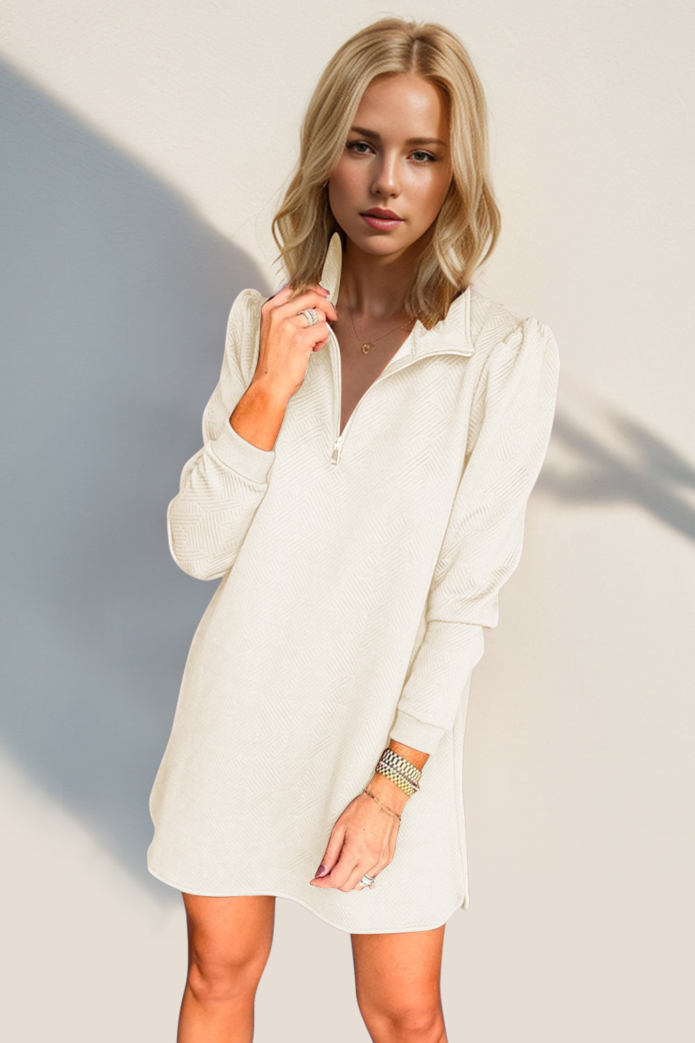 Double Take Textured Zip Long Sleeve Dress Classic Zip-Up Dress for Women Comfortable Outdoor Dress by Stevvex