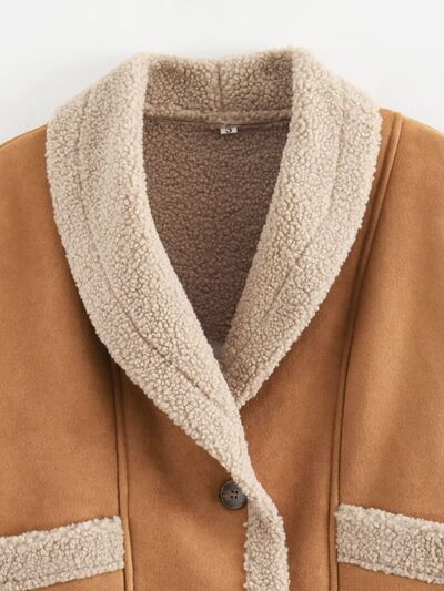 Fuzzy Collared Neck Long Sleeve Jacket with Buttoned Closure and Cozy Pockets by Stevvex
