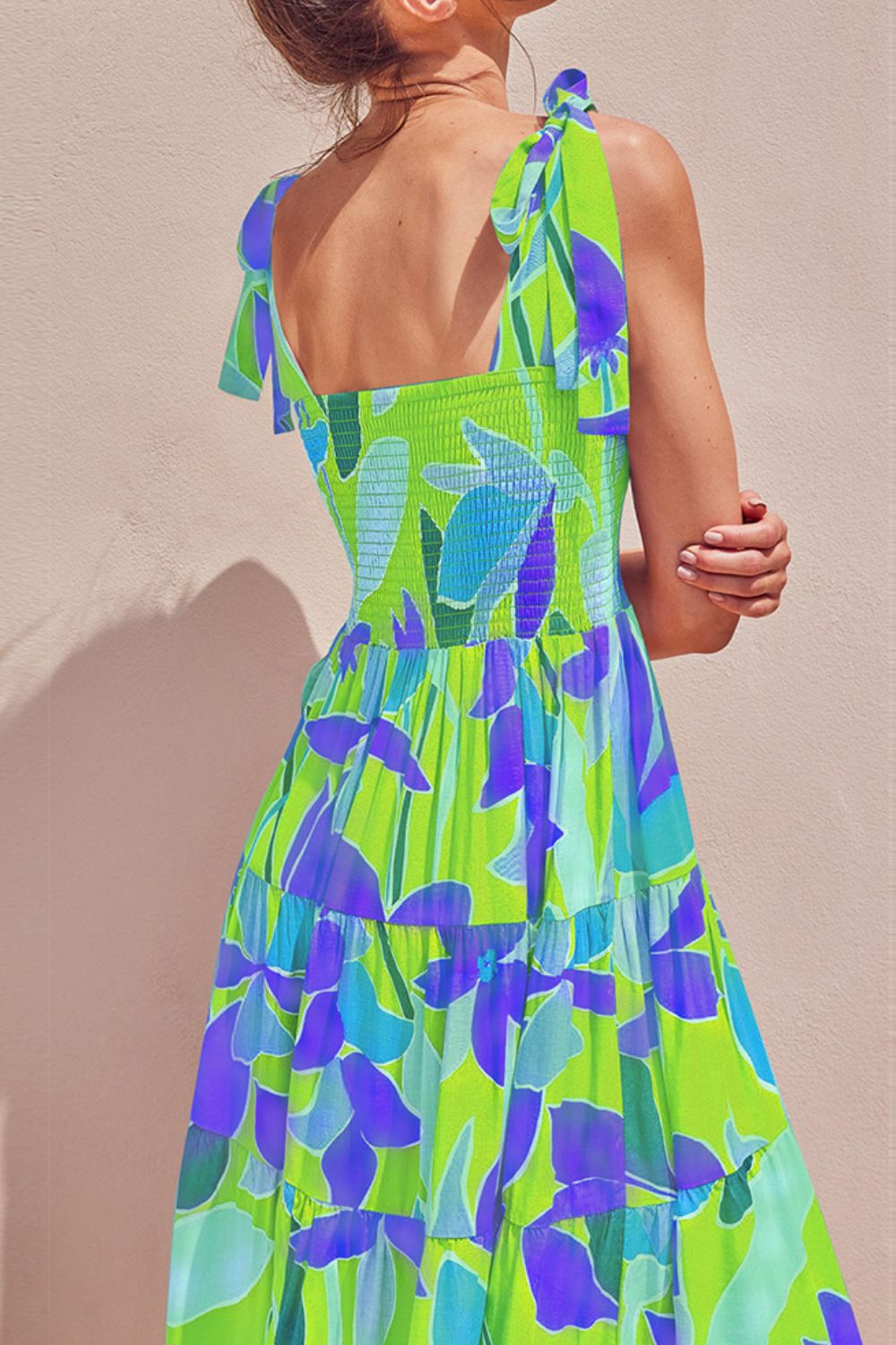 Long Floral Tie-Shoulder Smocked Midi Dress Perfect For Vacation & Summer Days by Stevvex