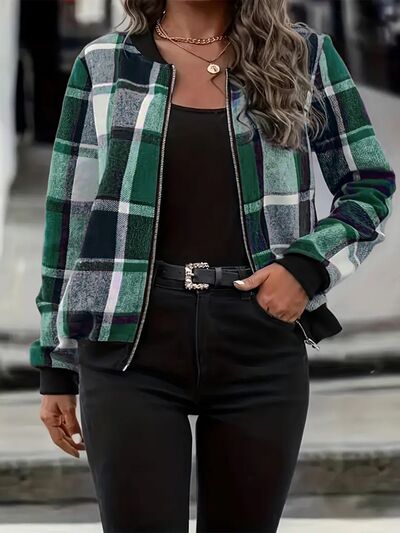 Plus Vintage Size Plaid Baseball Collar Zip-Up Jacket Trendy & Comfortable Outerwear for Any Occasion by Stevvex