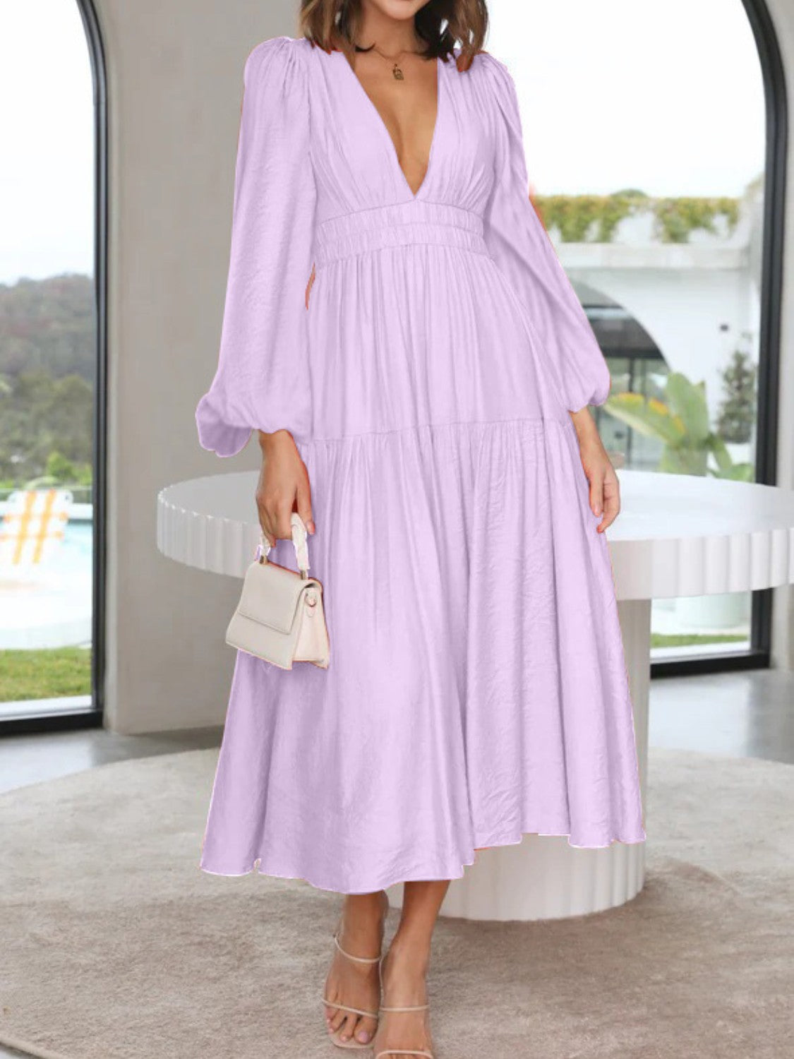 Lightweight Deep V-Neck Balloon Sleeve Maxi Dress Elegant & Flowing Silhouette Unique Dress by Stevvex