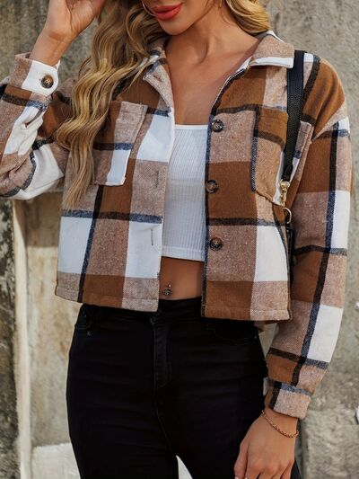 Women Brown Plaid Collared Neck Cropped Jacket Trendy & Versatile Outerwear by Stevvex
