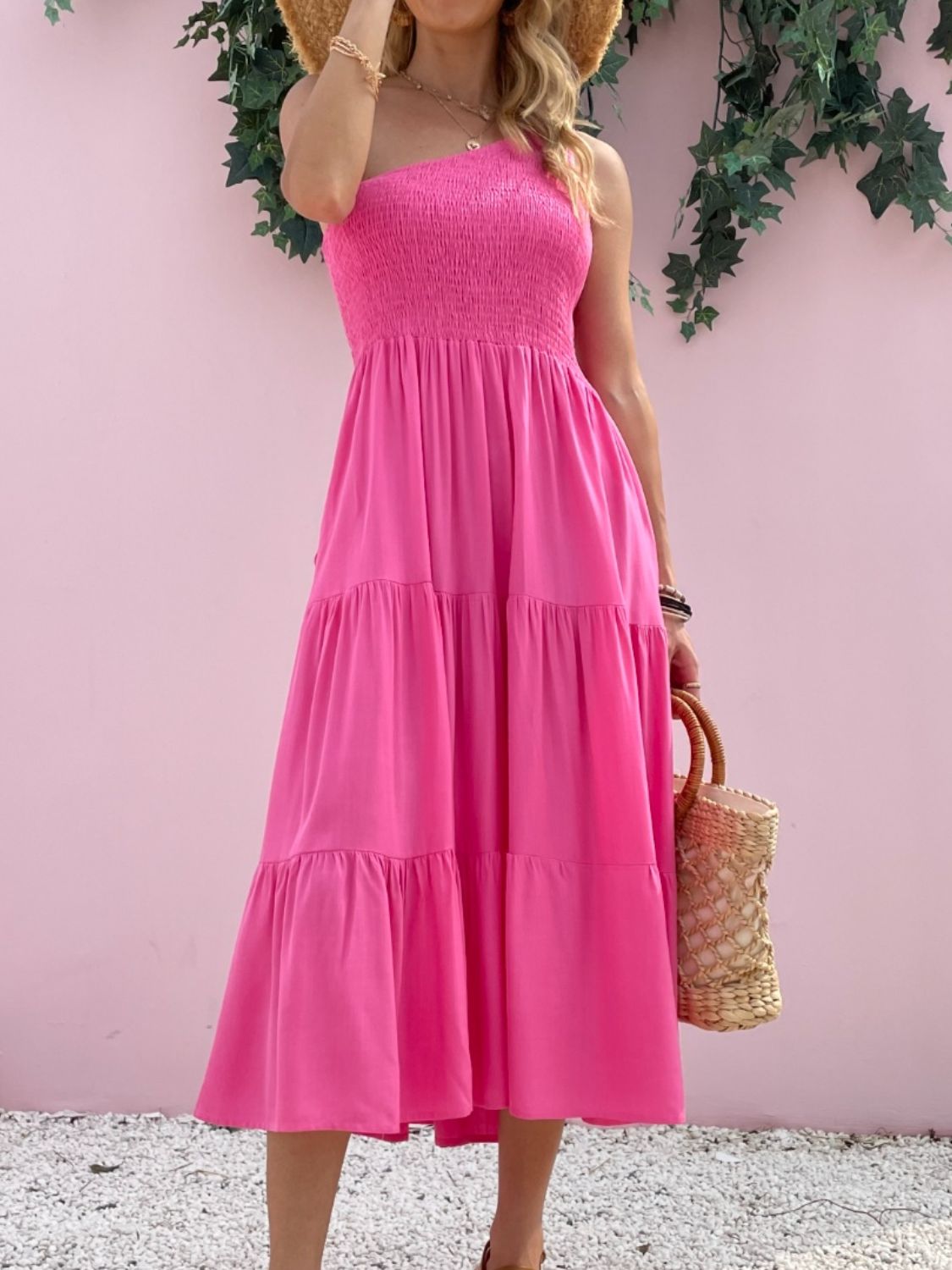 Smocked Single Shoulder Sleeveless Dress Stylish & Comfortable Summer Long Dress Lightweight Dress by Stevvex