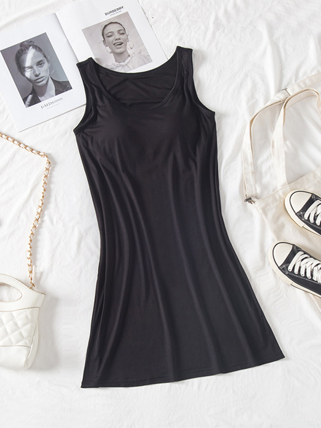 Classic Round Neck Wide Strap Mini Dress With Built-In Bra Comfortable Sleeveless Dress by Stevvex