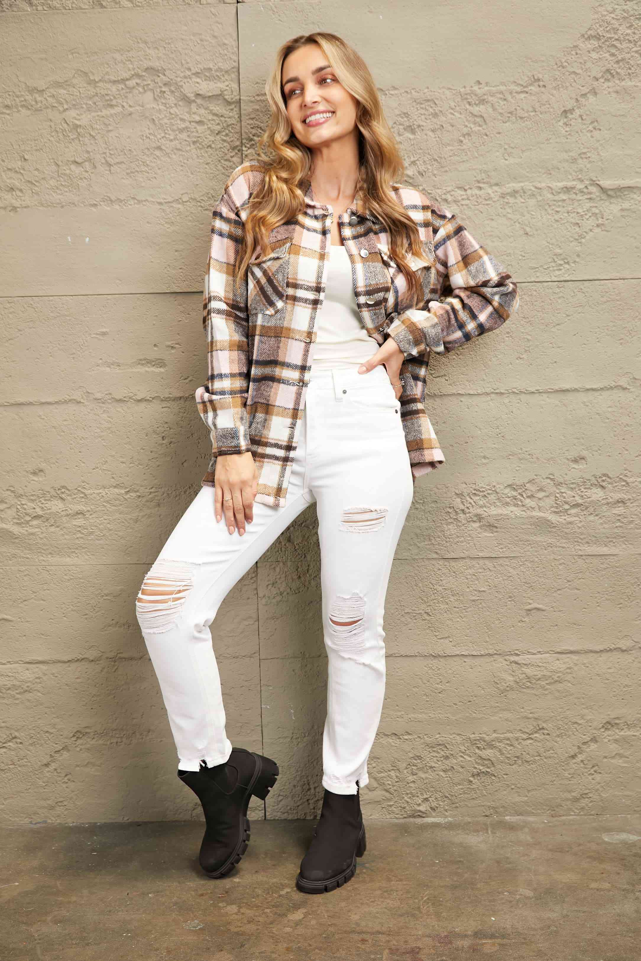 Classic Plaid Button Front Shirt Jacket with Breast Pockets Casual & Minimalist Outerwear by Stevvex