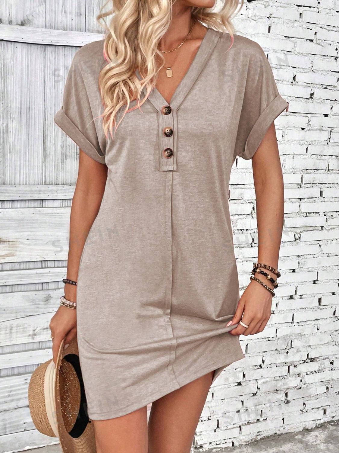 Elegant Button V-Neck Short Sleeve Dress Flattering Casual & Office Wear Simple Dress by Stevvex