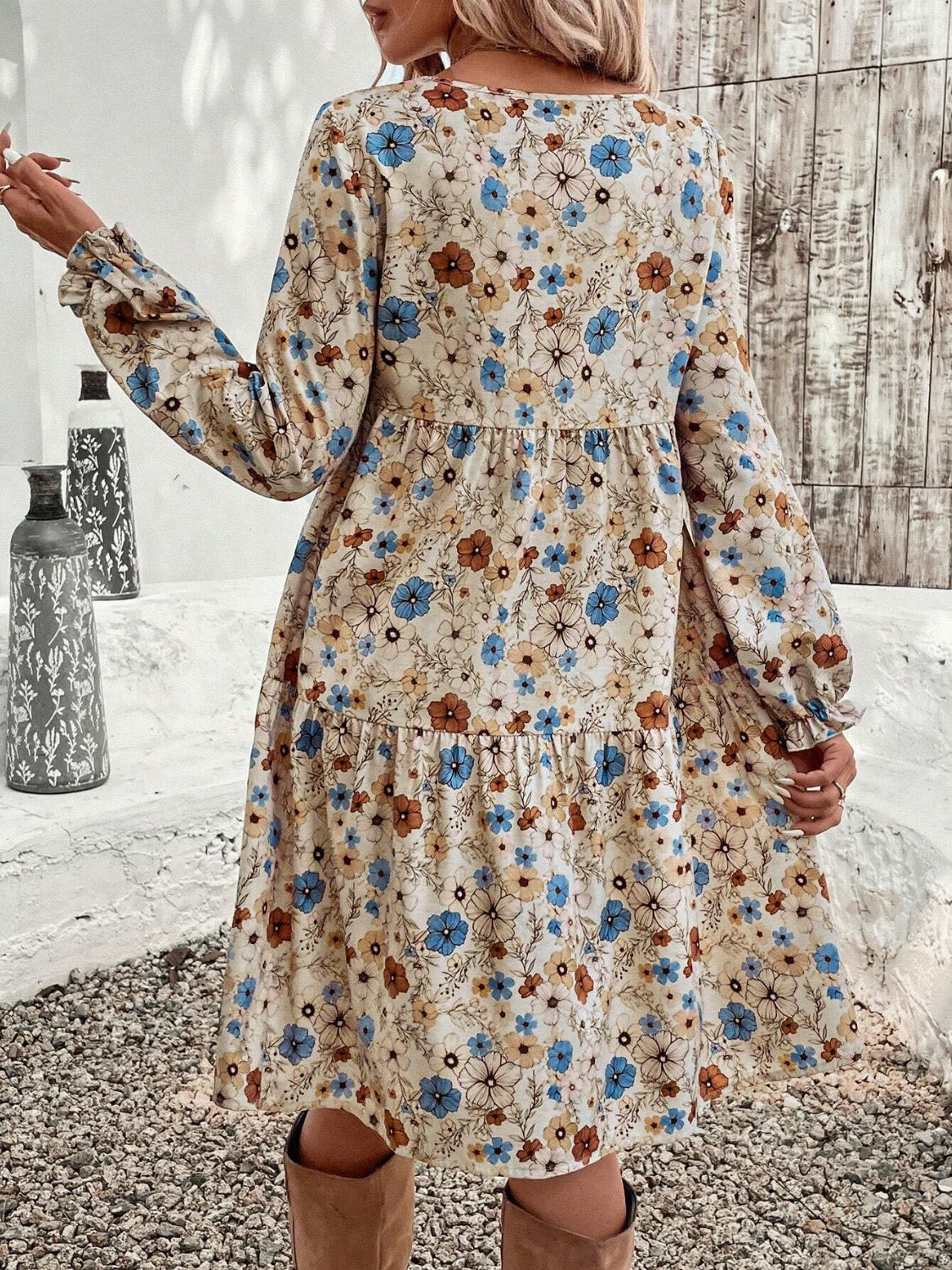 Tiered Floral Round Neck Long Sleeve Dress Elegant Summer Lightweight Breathable Dress by Stevvex