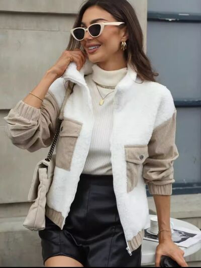 Modern White Contrast Zip-Up Long Sleeve Jacket Trendy & Lightweight Outerwear For Everyday Wear by Stevvex