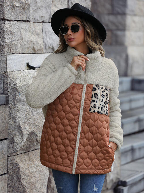 Unique Autumn Leopard Color Block Zip-Up Jacket Trendy Lightweight Jacket with Pockets Charming Winter Jacket by Stevvex