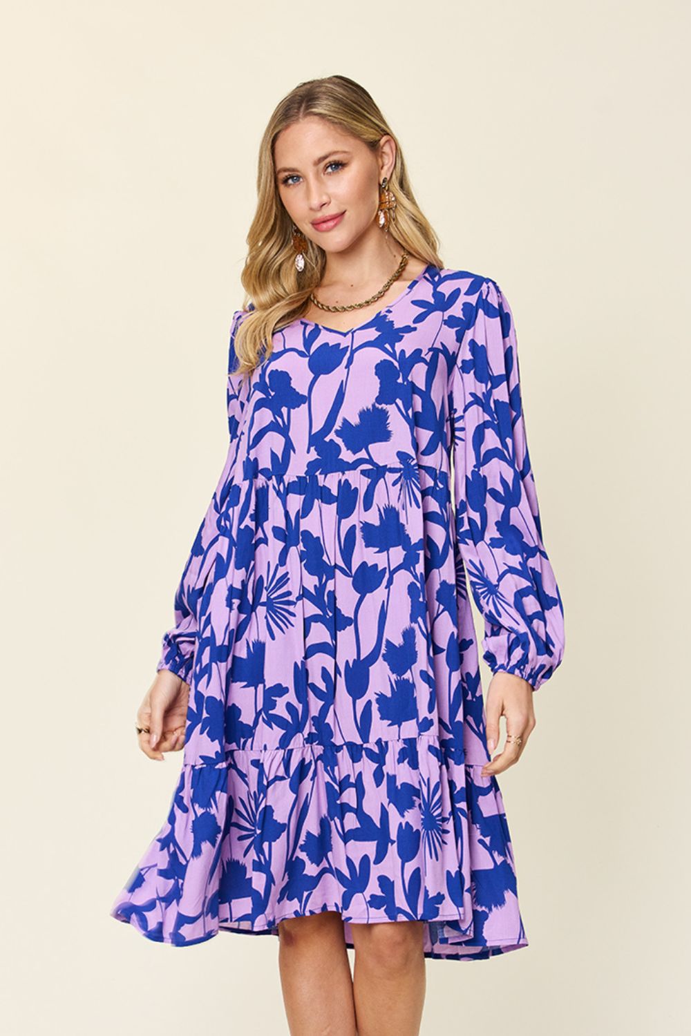 Double Take Full Size Printed Ruffle Hem Dress with Pocket Stylish & Functional Women Dress by Stevvex