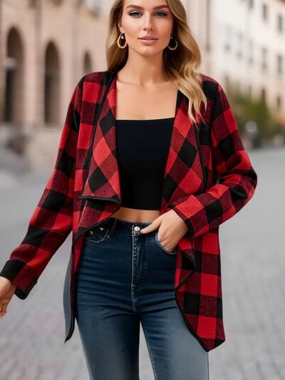 Elegant Plaid Open Front Long Sleeve Jacket Stylish & Cozy Lightweight Breathable Outerwear by Stevvex