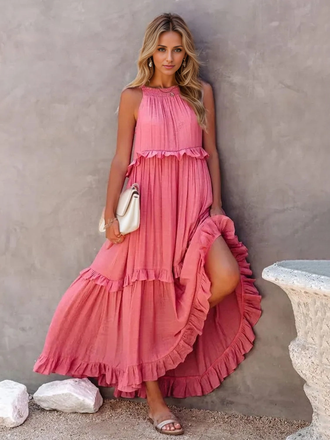 Romantic Ruffled Sleeveless Tiered Maxi Dress with Pockets Elegant & Chic Statement Beautiful Design Dress by Stevvex