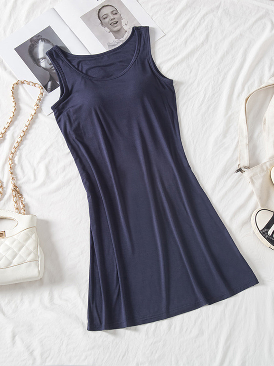 Classic Round Neck Wide Strap Mini Dress With Built-In Bra Comfortable Sleeveless Dress by Stevvex