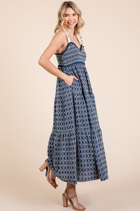 Geometric Embroidered Smocked Tie Shoulder Midi Dress For Women – Fluttering, Trendy and Chic Embroidered Midi Dress with Tie Shoulders