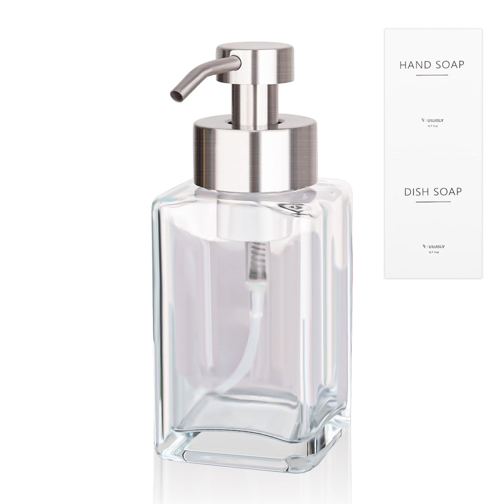 Foaming Soap Dispenser with Stainless Steel Pump 12oz Refillable Glass Liquid Dish Soap Bottles for Bathroom Kitchen Sink Home Decor - Lifestyle Haven