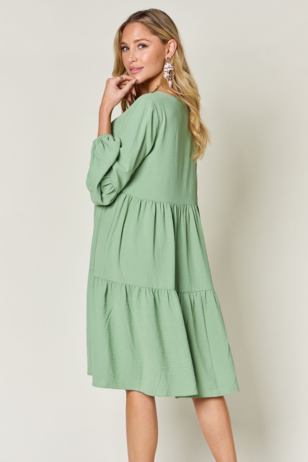 Light Green Double Take Full Size V-Neck Sleeve Tiered Dress with Pockets Elegant & Comfortable Casual Dress by Stevvex