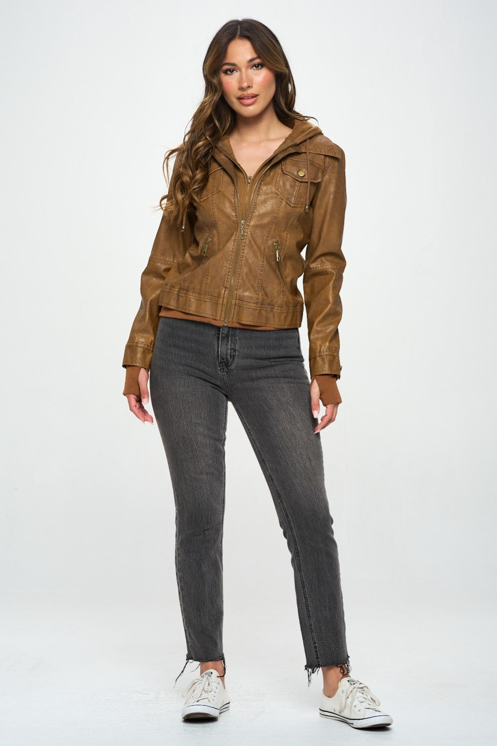 Coalition LA Double Zip Hooded Long Sleeve Vegan Leather Jacket for Women Stylish and Functional Outerwear by Stevvex