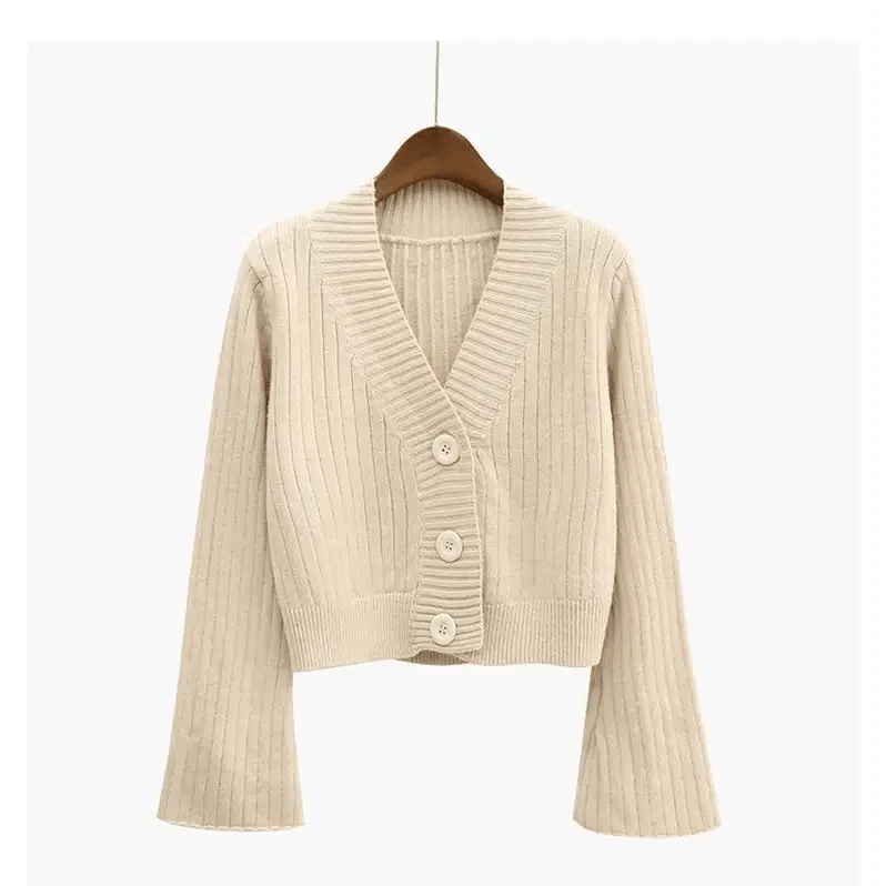 Elegance Cardigan Autumn Long Flare Sleeve Short Sweater Women Ribbed Knitted Cotton Tops Black White Ladies Soft Outwear Female