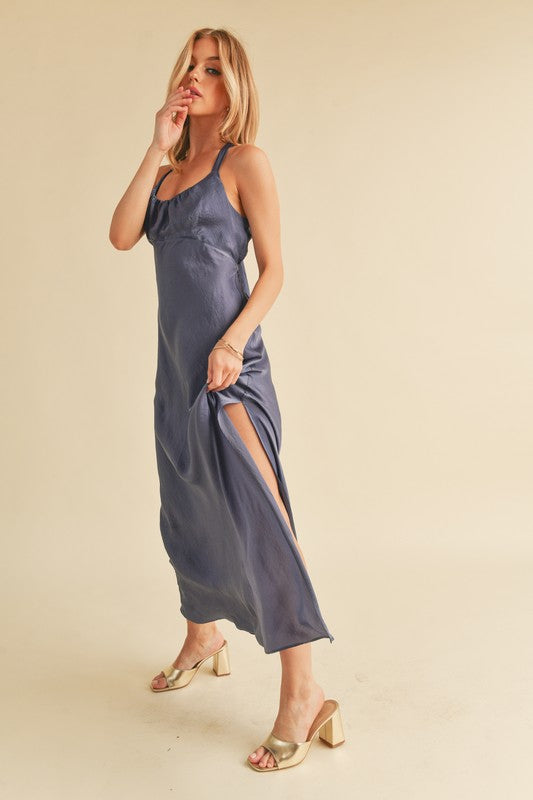 Ruched Side Slit Cutout Back Maxi Cami Dress –Elegant, Sophisticated & Alluring with Side Slit, Ruched Detailing & Daring Cutout Back Design for Special Occasions by Stevvex