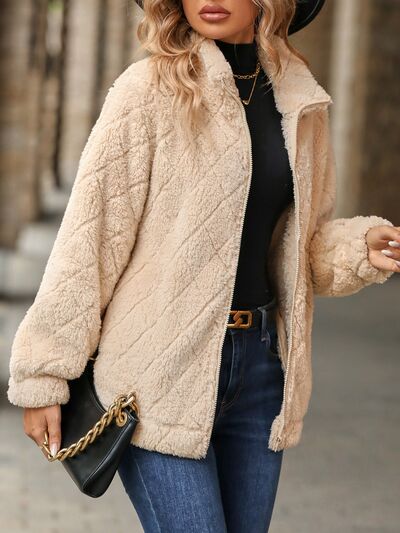 Women's Fuzzy Zip-Up Jacket with Pockets – Soft & Cozy Long Sleeve Outerwear by Stevvex