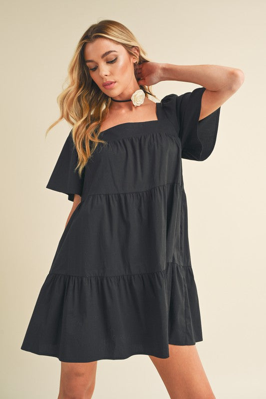 Square Neck Half Sleeve Tiered Summer Dress For Women–Elegant & Flattering with Ruched Detail & Chic Tiered Design by Stevvex