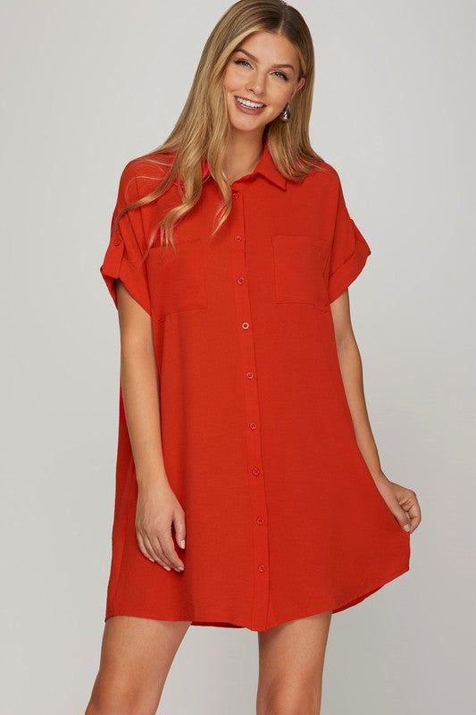 Deep Red Full Size Button-Down Short Sleeve Shirt Dress Plus Size Casual Women Simple Home Dress by Stevvex