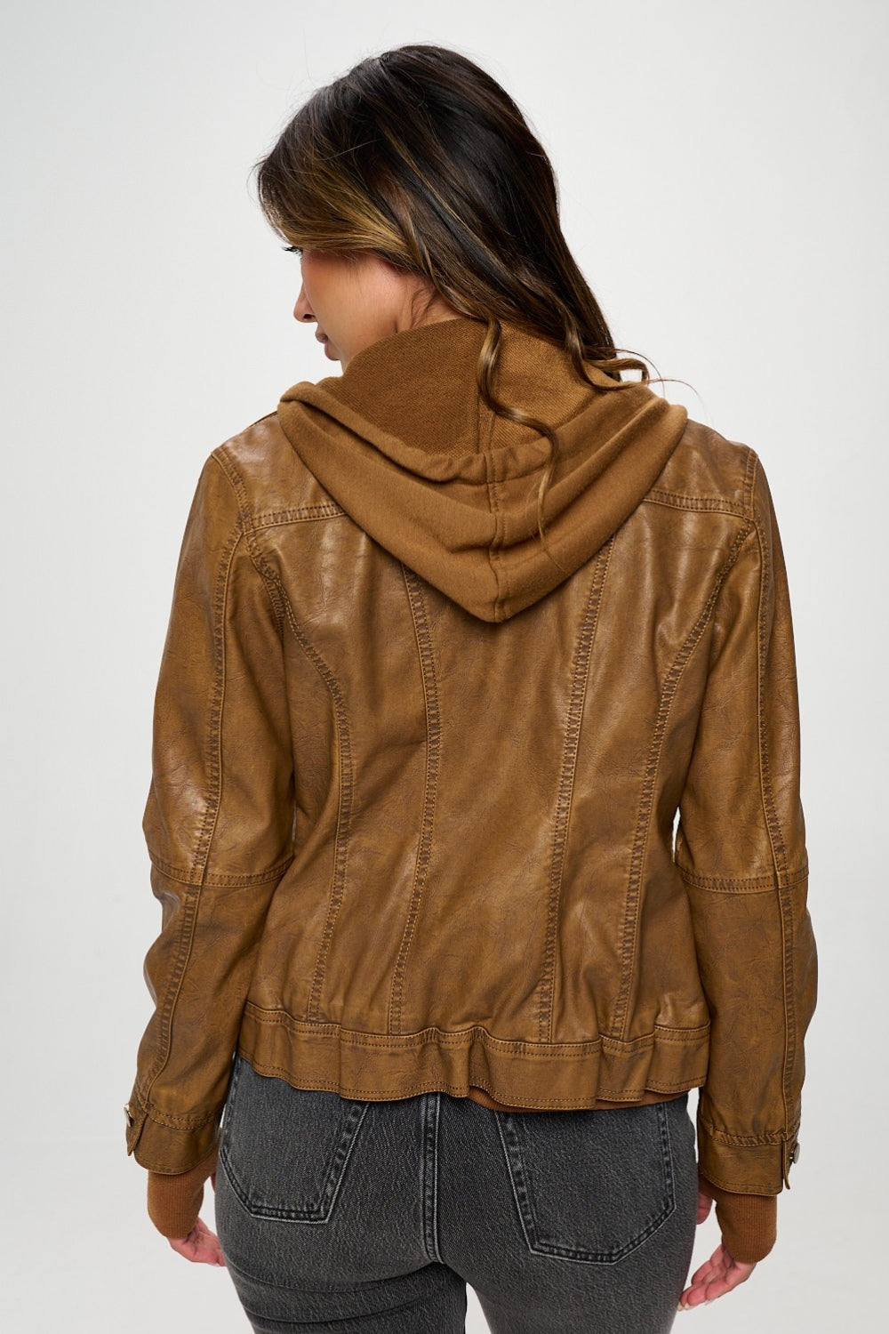 Coalition LA Double Zip Hooded Long Sleeve Vegan Leather Jacket for Women Stylish and Functional Outerwear by Stevvex