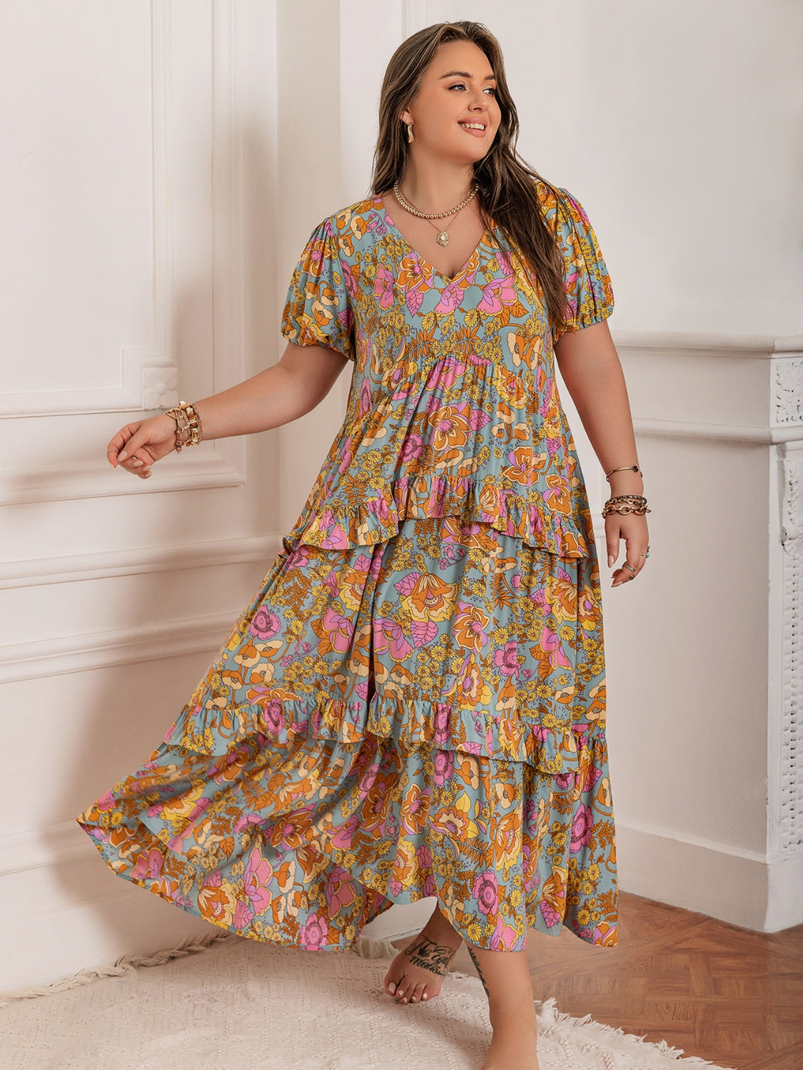 Plus Size Printed V-Neck Short Sleeve Maxi Dress Elegant & Flowy Summer Dress For Girls by Stevvex