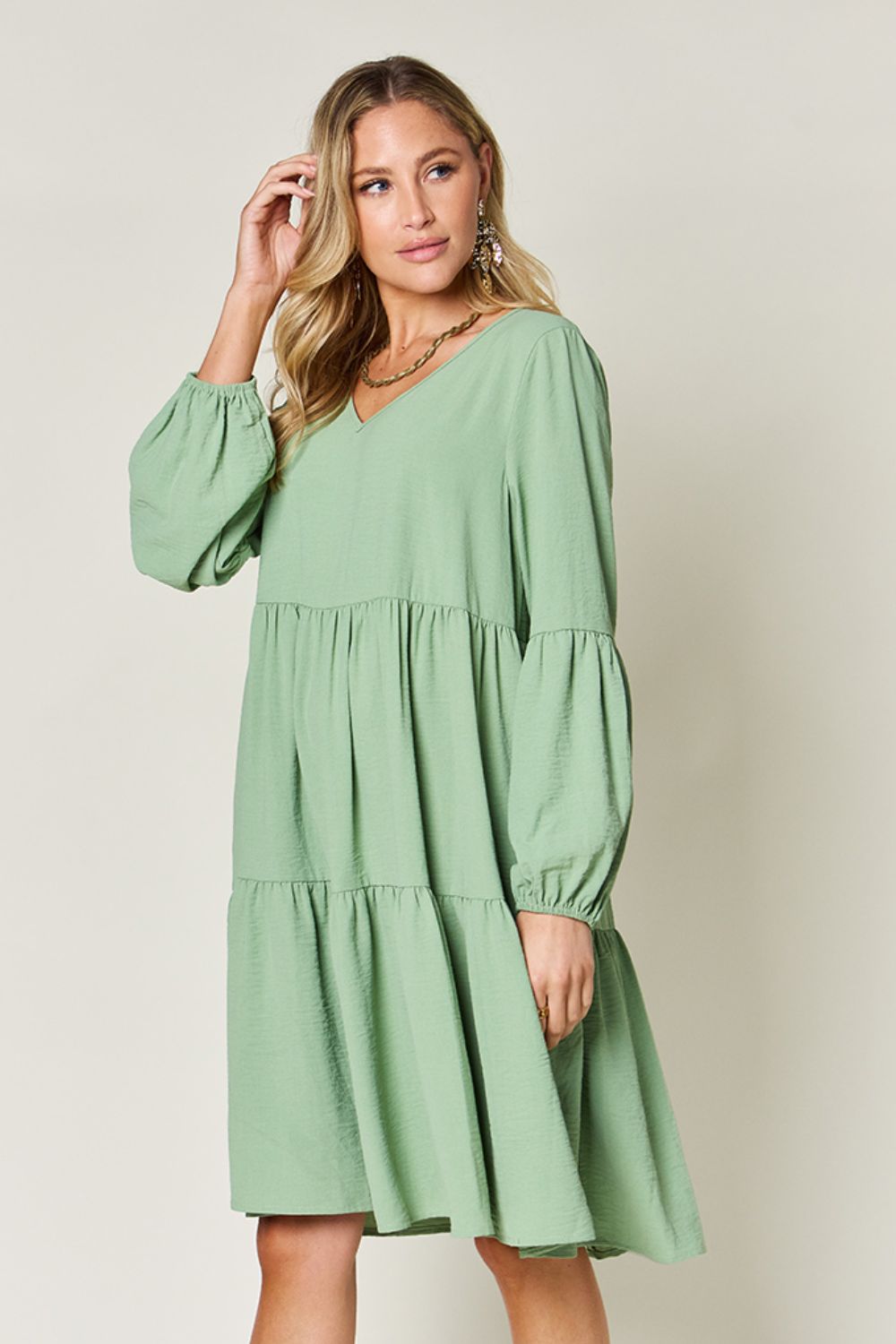 Light Green Double Take Full Size V-Neck Sleeve Tiered Dress with Pockets Elegant & Comfortable Casual Dress by Stevvex