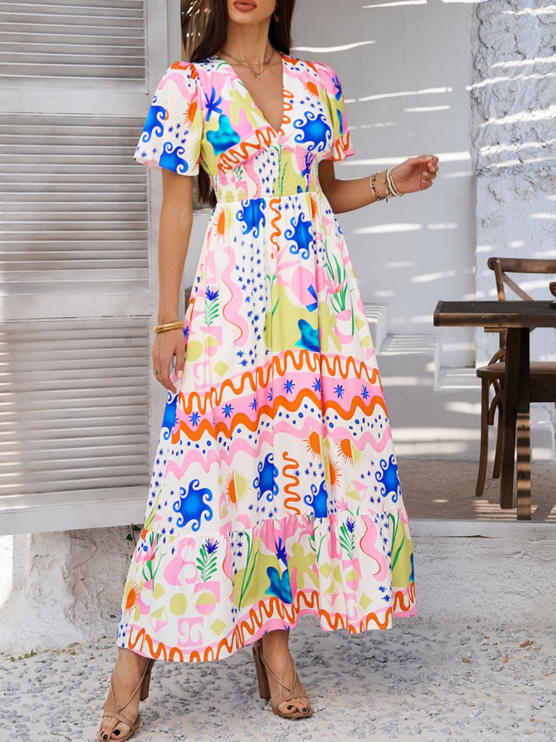 Elegant Printed V-Neck Short Sleeve Maxi Dress Beautiful Casual Women Long Dress by Stevvex