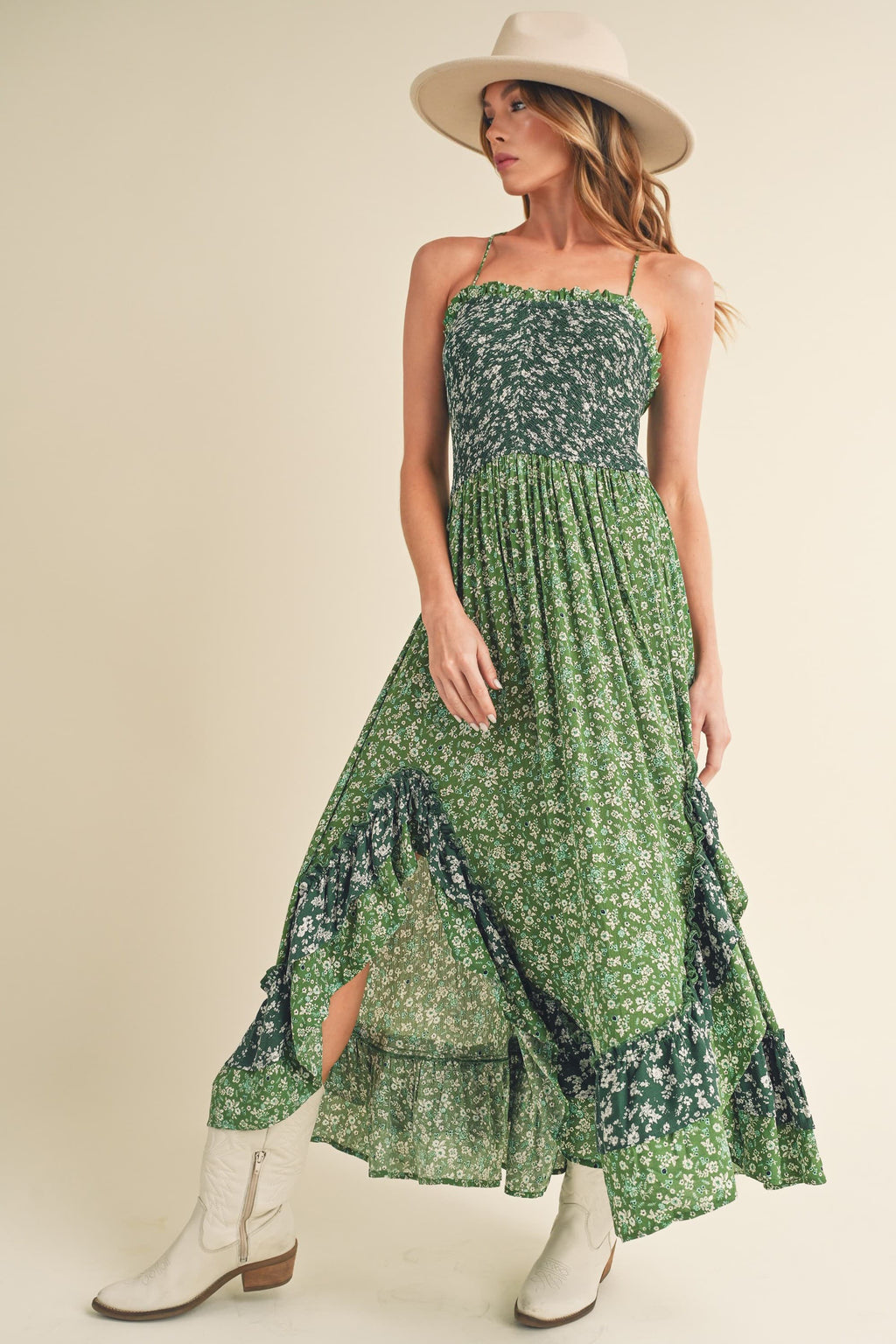 Ditsy Floral Ruffled Hem Maxi Cami Dress For Women –Romantic Floral Print, Flowy Maxi Length, Feminine & Elegant Design for Casual & Special Occasions