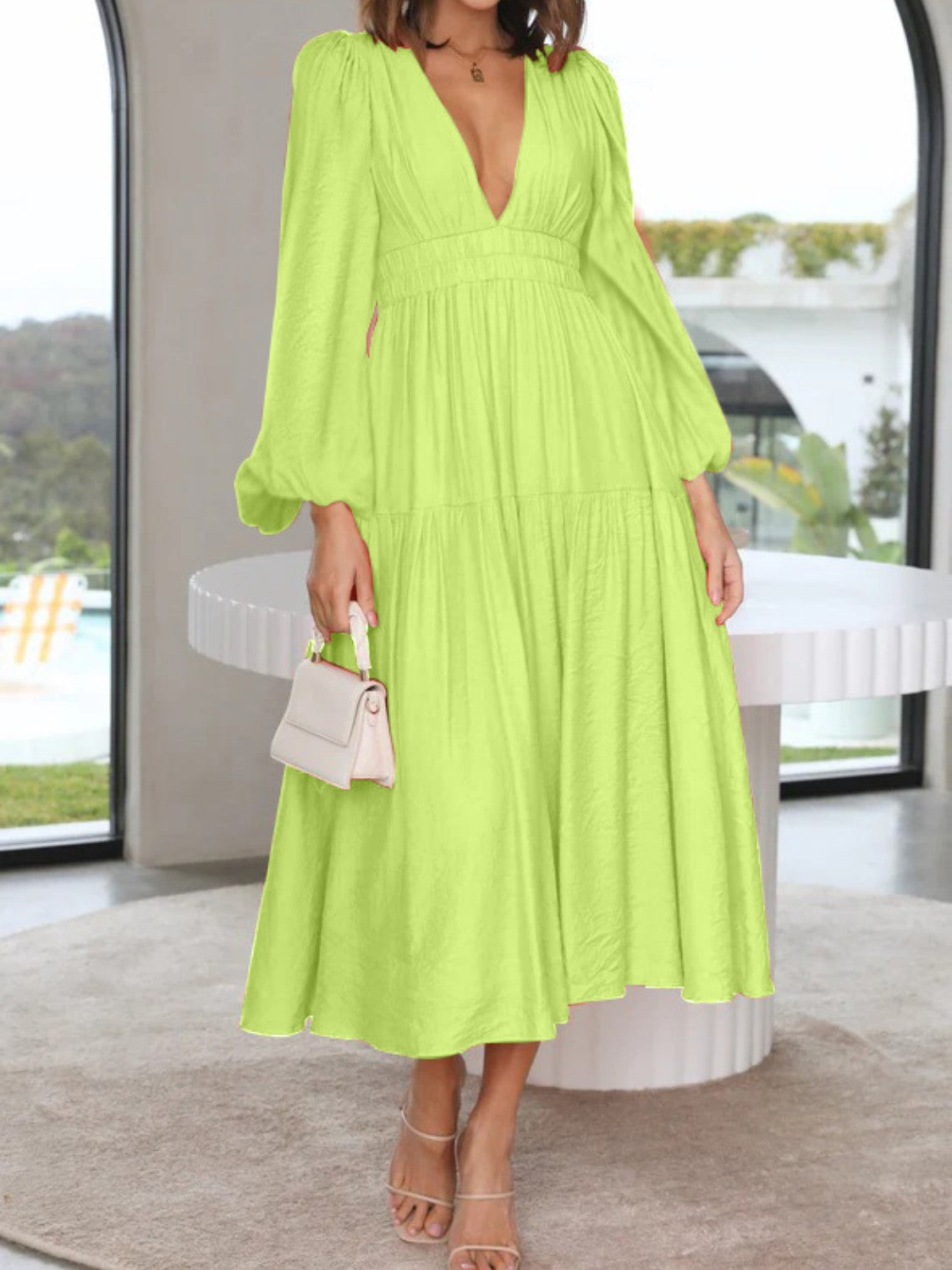 Lightweight Deep V-Neck Balloon Sleeve Maxi Dress Elegant & Flowing Silhouette Unique Dress by Stevvex