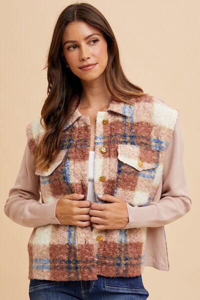 Women Brown Faux Fur Plaid Button-Up Jacket Soft Jacket For Girls Jacket With Closure by Stevvex