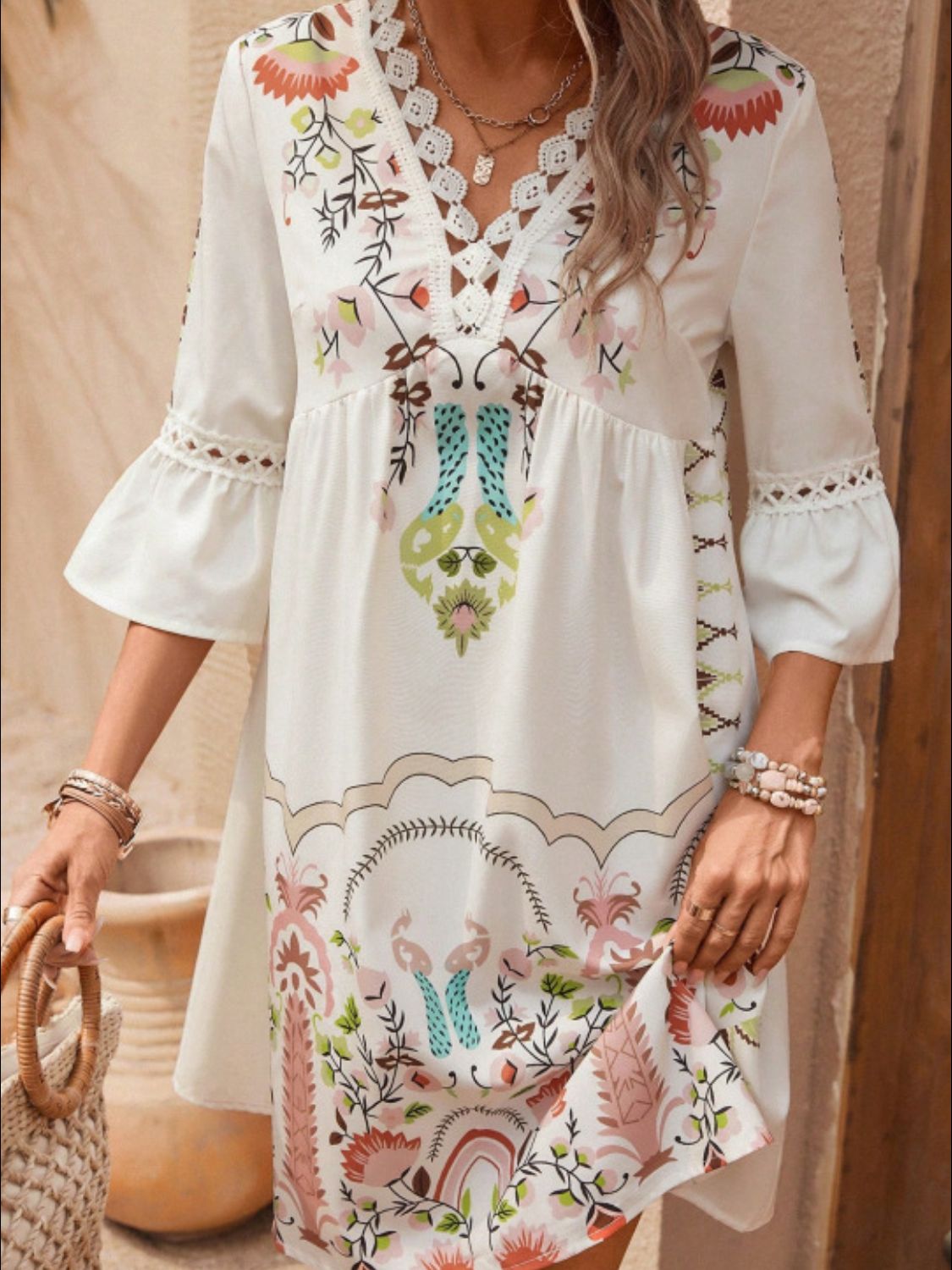 Exquisite Summer Feminine Lace Detail Printed Dress Chic Midi Lightweight Dress by Stevvex